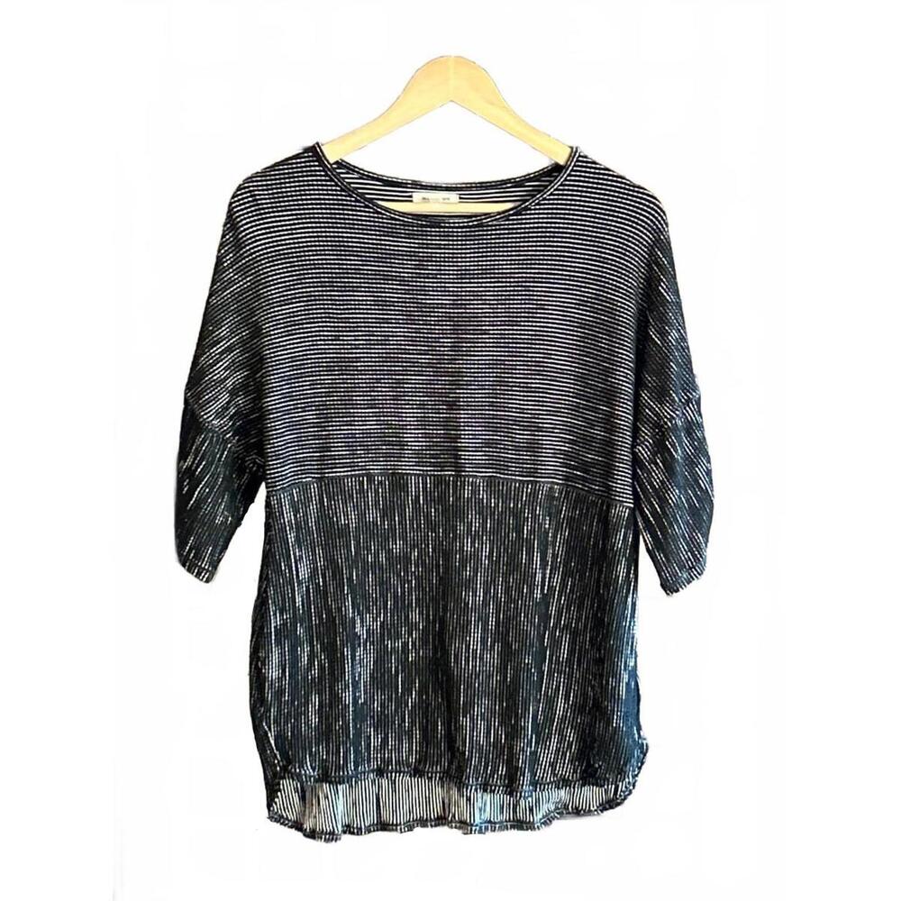 Max Studio Womens Top Sz 1X Black White Stripe Ruched Sleeves Tunic Casual Cozy